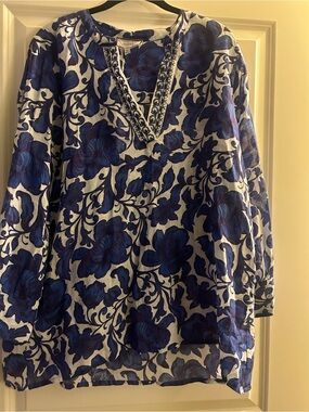 Johnny Was Blue Floral V-Neck Tunic